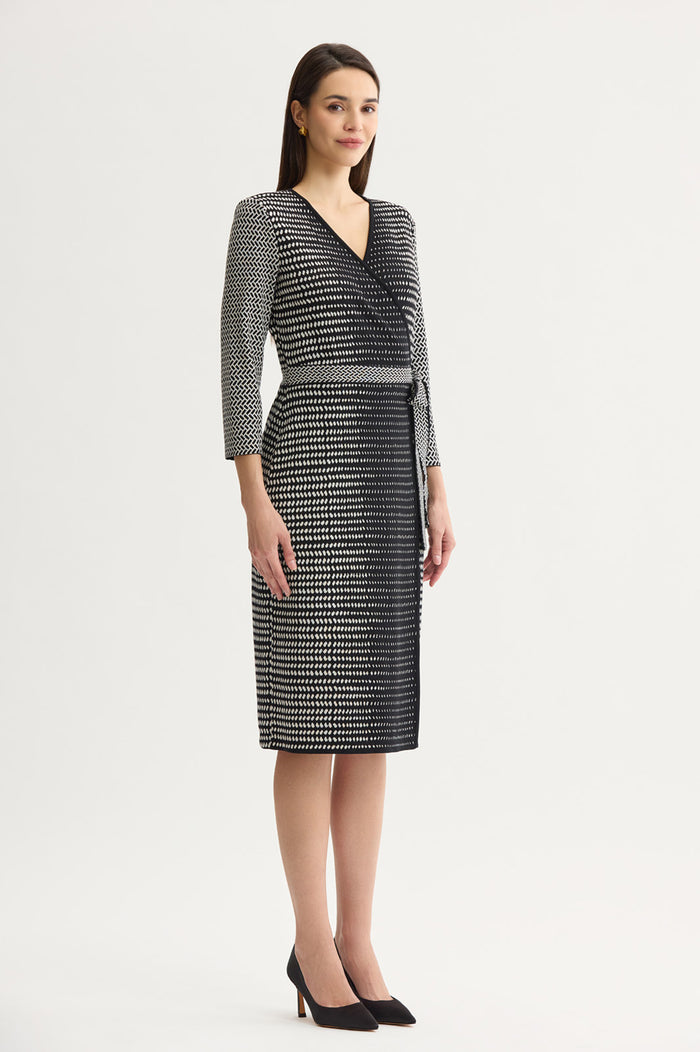 Monochrome Soft Knit Midi Wrap Dress, Black/Ivory | Ming Wang