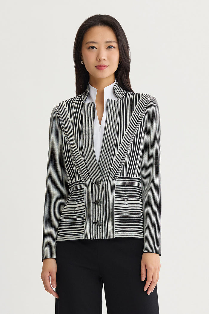 Monochrome Striped Knit Jacket, Black/Ivory | Ming Wang