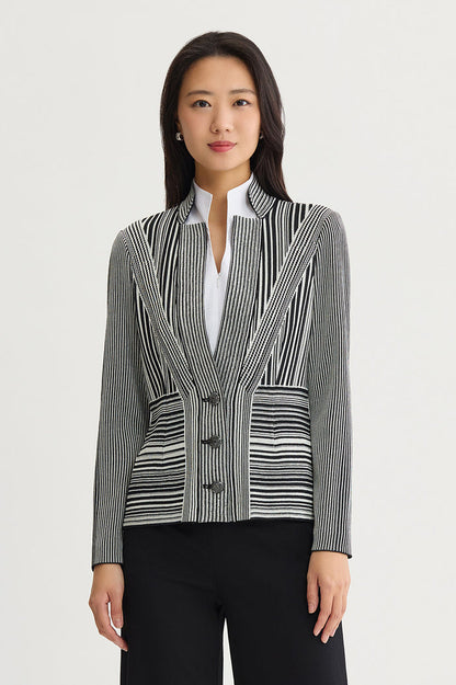 Monochrome Striped Knit Jacket, Black/Ivory | Ming Wang