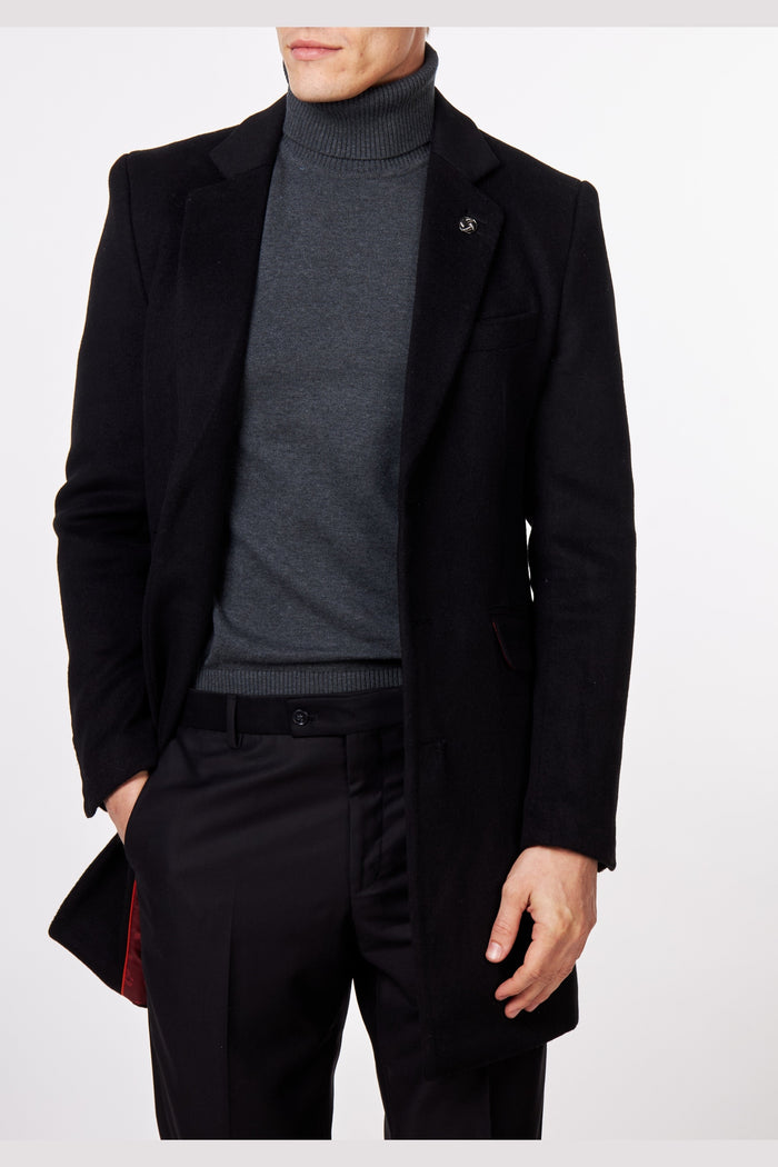 NATE - BLACK WOOL BLEND LONG OVERCOAT