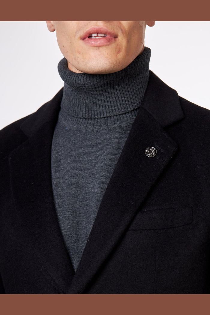 NATE - BLACK WOOL BLEND LONG OVERCOAT