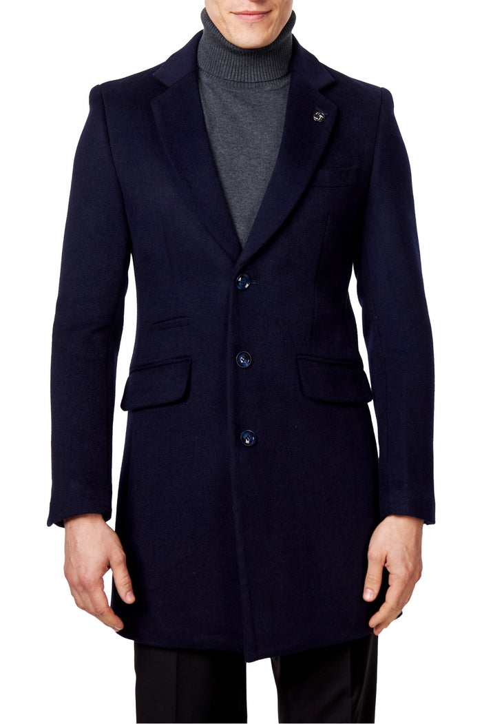 NATE - NAVY LONG WOOL BLEND OVERCOAT