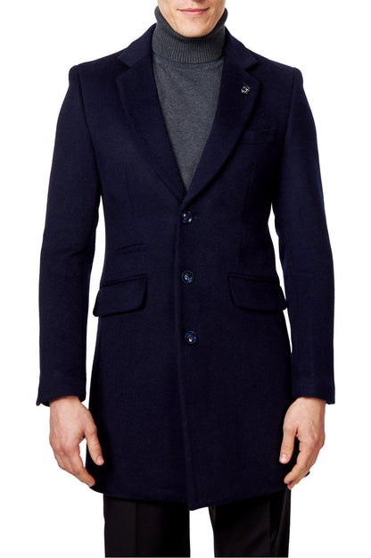 NATE - NAVY LONG WOOL BLEND OVERCOAT