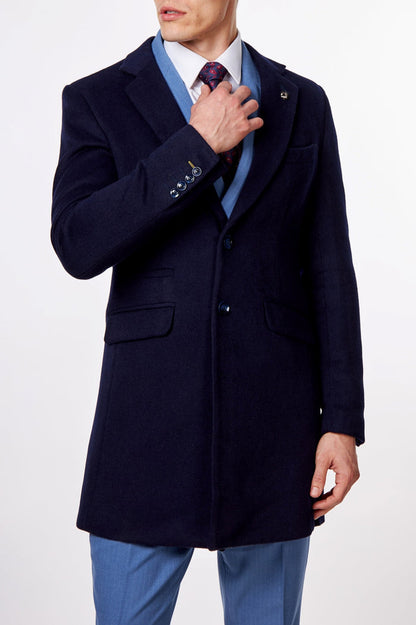 NATE - NAVY LONG WOOL BLEND OVERCOAT