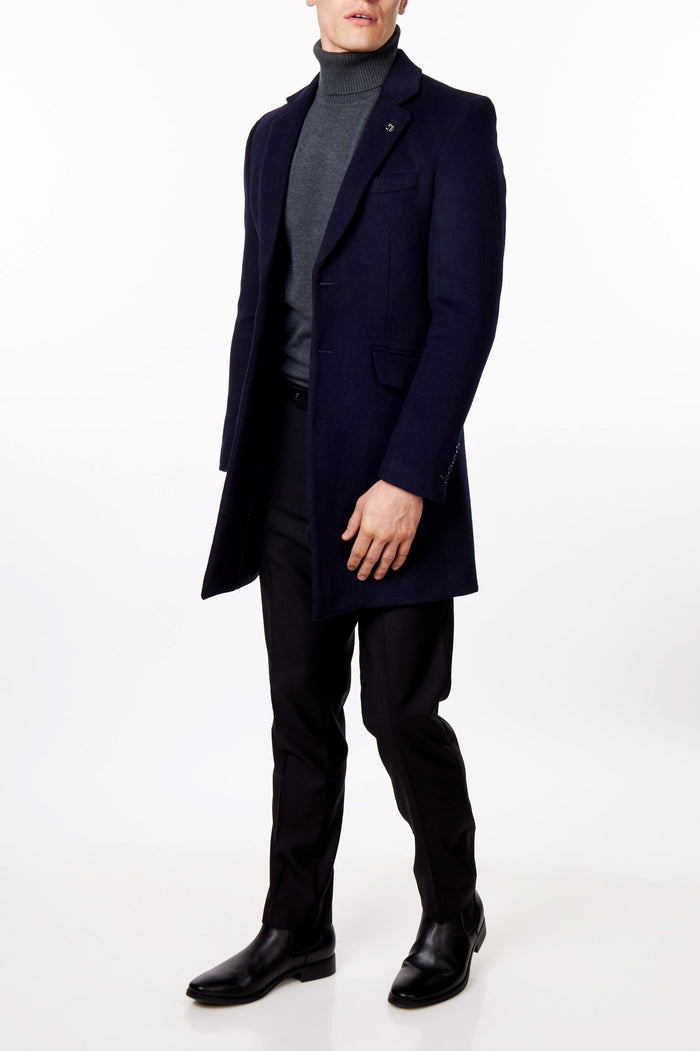 NATE - NAVY LONG WOOL BLEND OVERCOAT