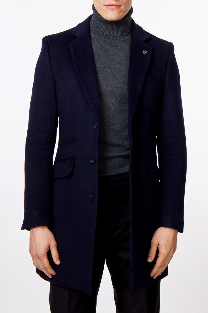 NATE - NAVY LONG WOOL BLEND OVERCOAT