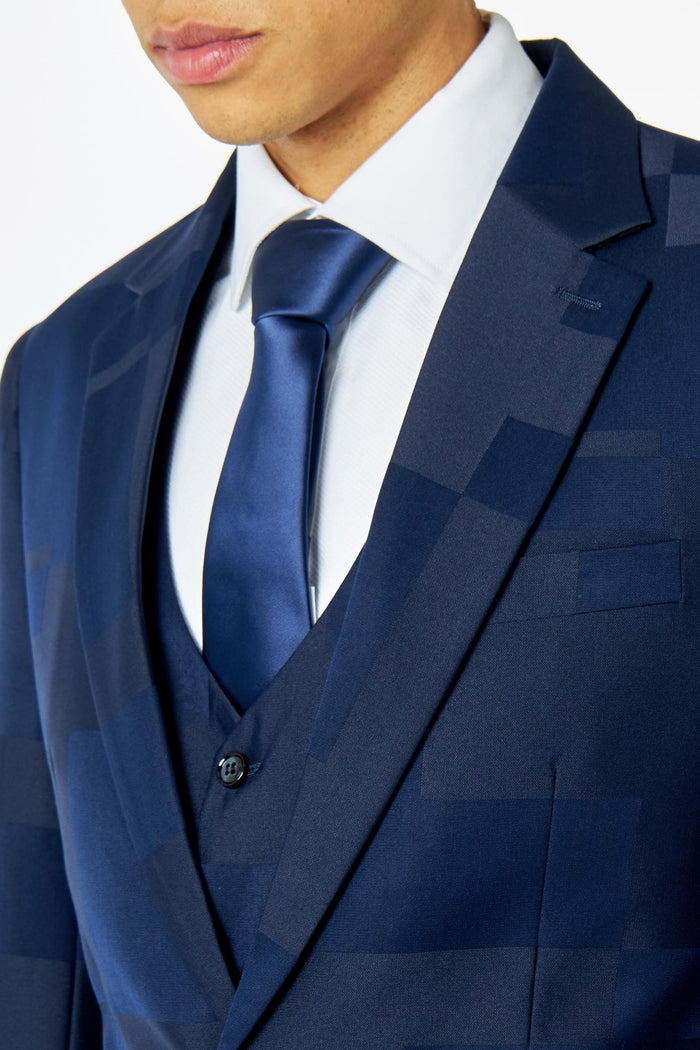 NAVY BLUE GEO PATTERN DETAILED SUIT JACKET