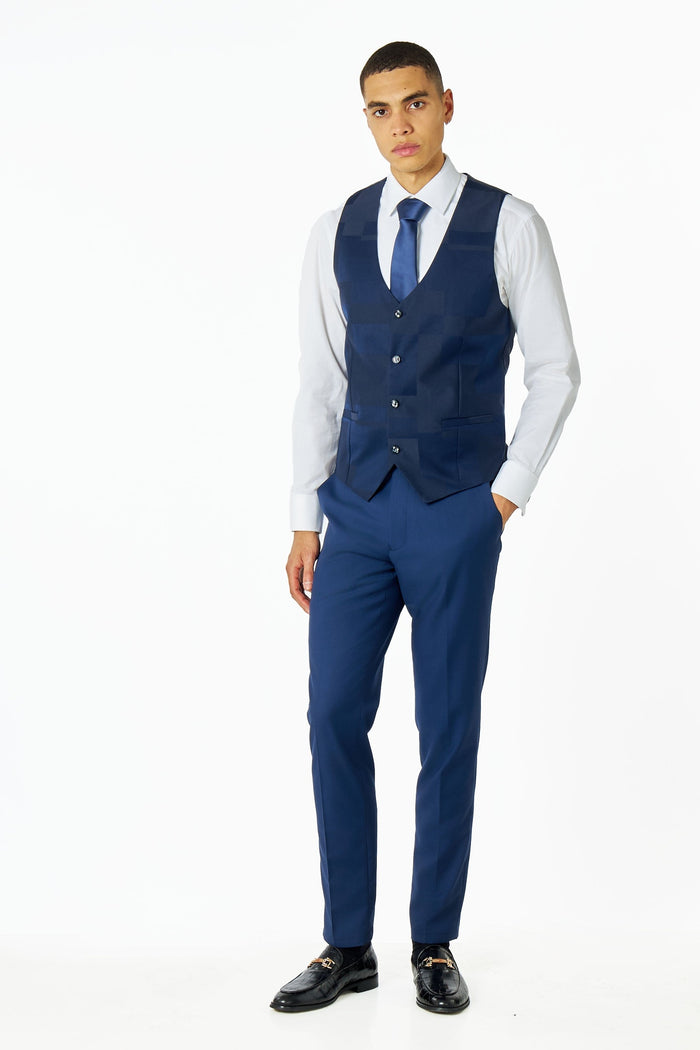 NAVY BLUE SUIT WAISTCOAT GEO PATTERN DETAILED
