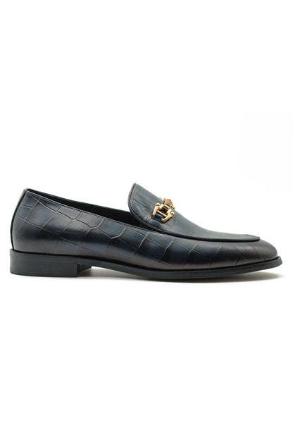 NAVY PRINTED GOLD BUCKLE LOAFERS