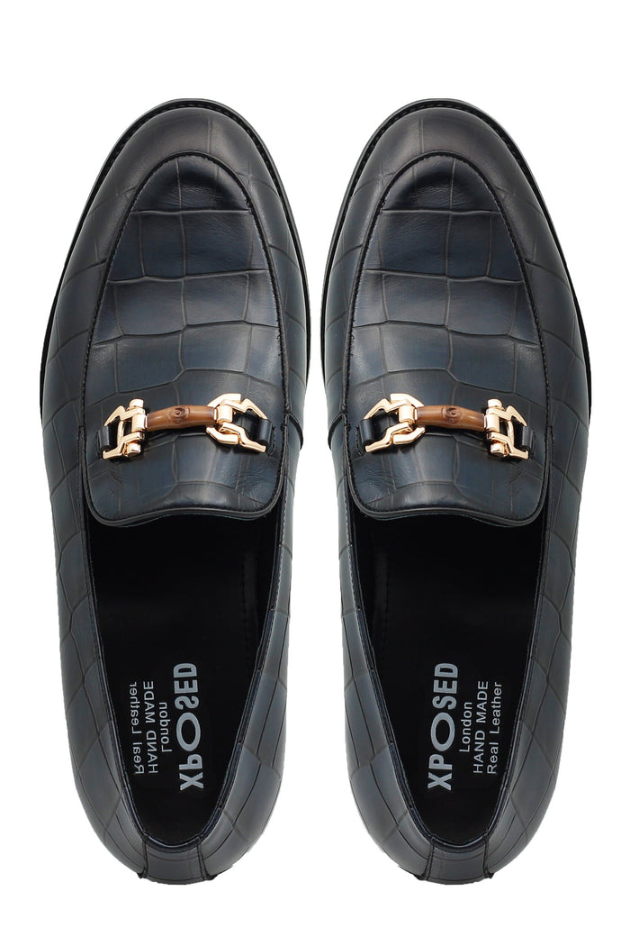 NAVY PRINTED GOLD BUCKLE LOAFERS
