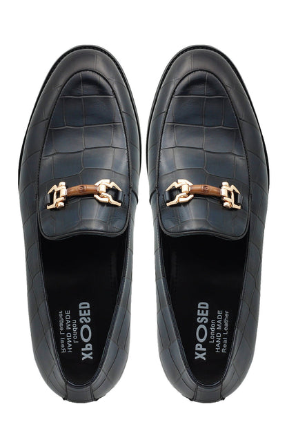 NAVY PRINTED GOLD BUCKLE LOAFERS