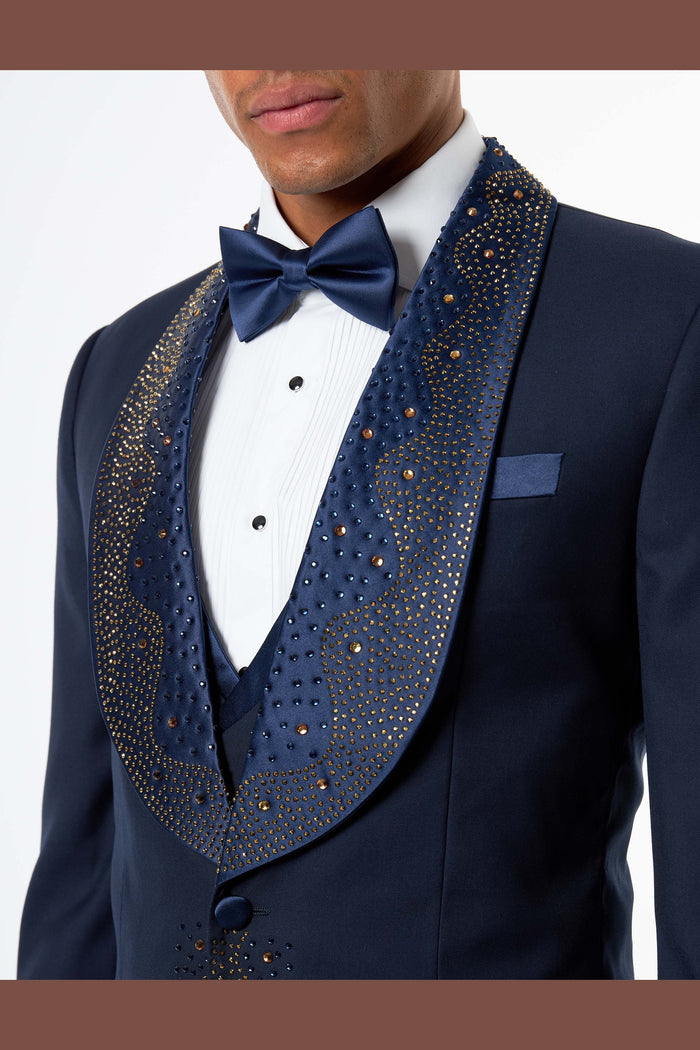 Navy Rhinestone Shawl Lapel Tuxedo 3-Piece Wedding Suit