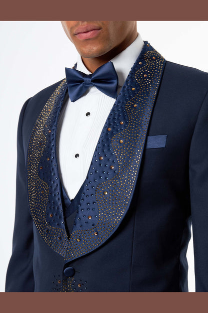 Navy Rhinestone Shawl Lapel Tuxedo 3-Piece Wedding Suit