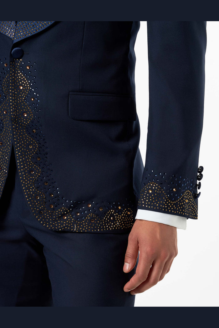 Navy Rhinestone Shawl Lapel Tuxedo 3-Piece Wedding Suit