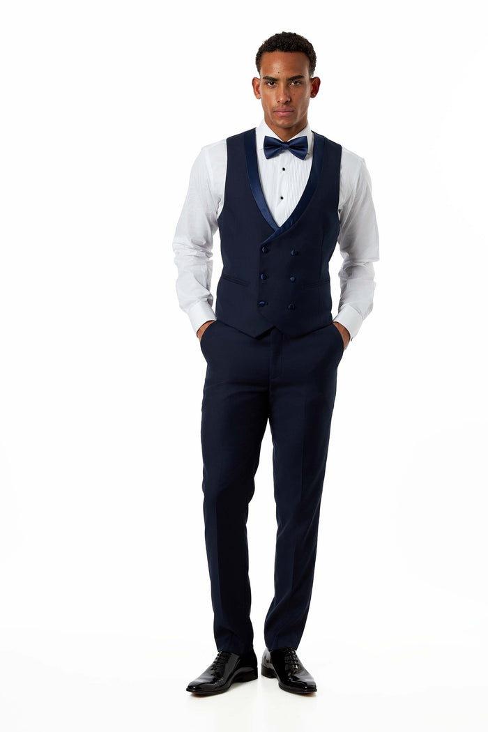 Navy Rhinestone Shawl Lapel Tuxedo 3-Piece Wedding Suit