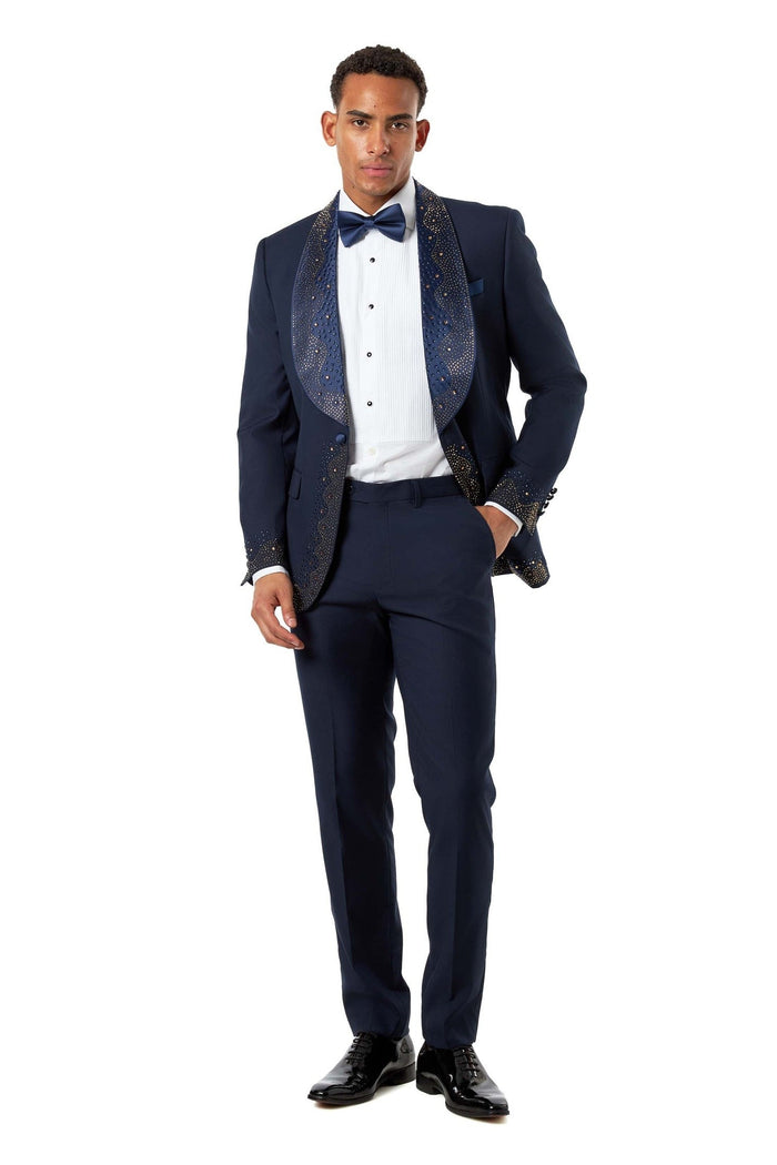 Navy Tuxedo Wedding Jacket Rhinestone Lapel
