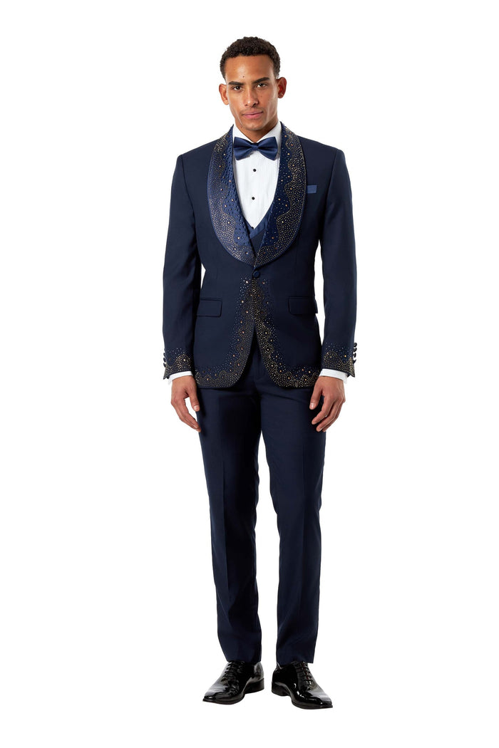 Navy Tuxedo Wedding Jacket Rhinestone Lapel