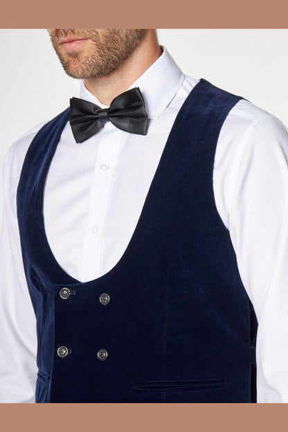 NAVY VELVET DOUBLE BREASTED LOW U CUT WAISTCOAT
