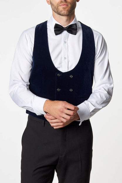 NAVY VELVET DOUBLE BREASTED LOW U CUT WAISTCOAT