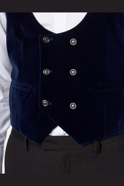 NAVY VELVET DOUBLE BREASTED LOW U CUT WAISTCOAT