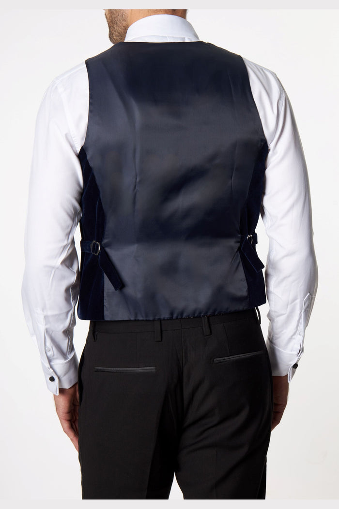 NAVY VELVET DOUBLE BREASTED LOW U CUT WAISTCOAT