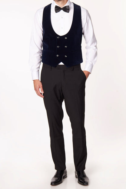 NAVY VELVET DOUBLE BREASTED LOW U CUT WAISTCOAT