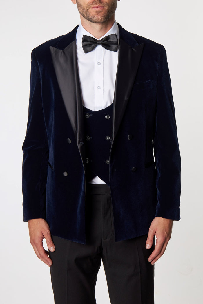 NAVY VELVET DOUBLE BREASTED LOW U CUT WAISTCOAT