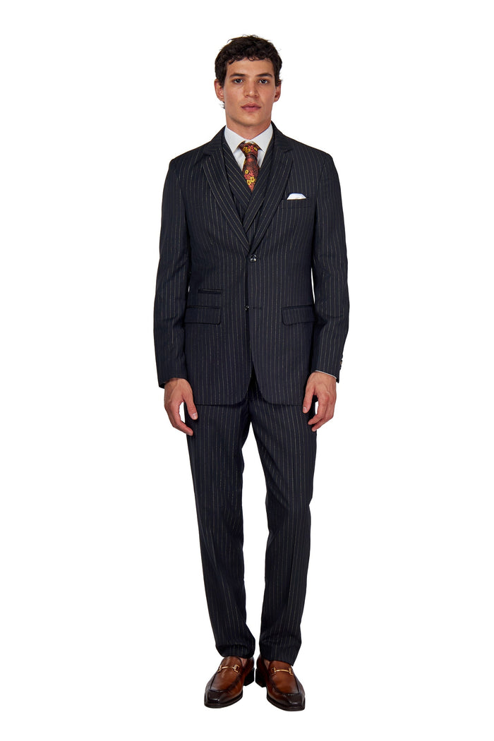 NEIL - Mens Black 3-Piece Suit Fine Gold Pinstripes Tailored Fit