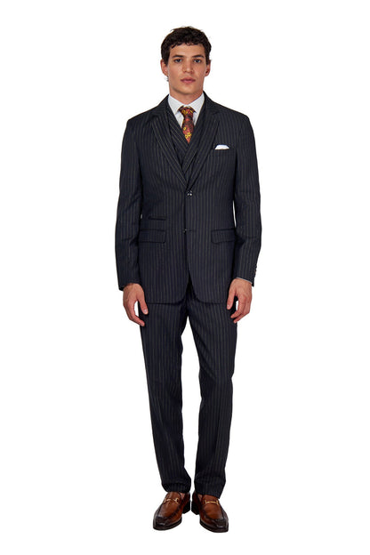 NEIL - Mens Black 3-Piece Suit Fine Gold Pinstripes Tailored Fit