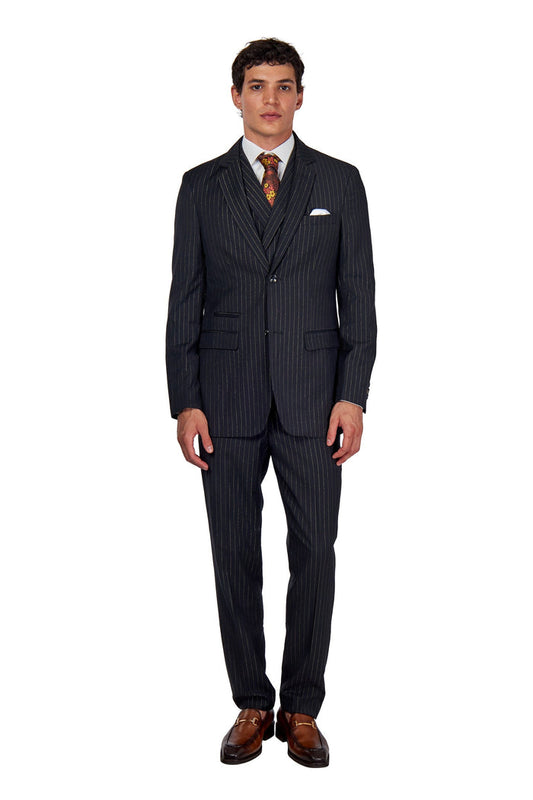 NEIL - Mens Black 3-Piece Suit Fine Gold Pinstripes Tailored Fit