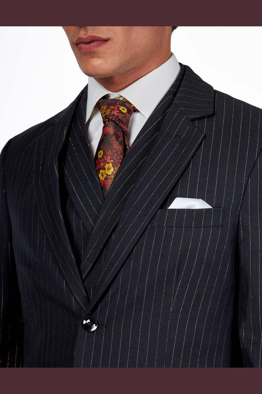 NEIL - Mens Black 3-Piece Suit Fine Gold Pinstripes Tailored Fit