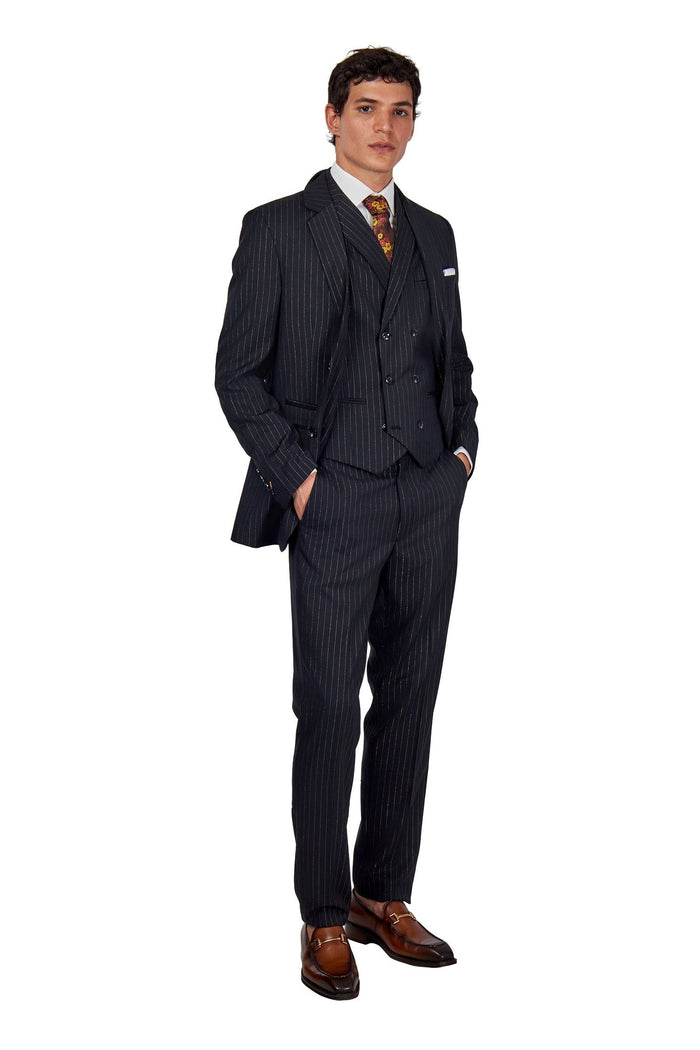 NEIL - Mens Black 3-Piece Suit Fine Gold Pinstripes Tailored Fit