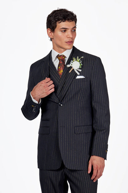 NEIL - Mens Black 3-Piece Suit Fine Gold Pinstripes Tailored Fit