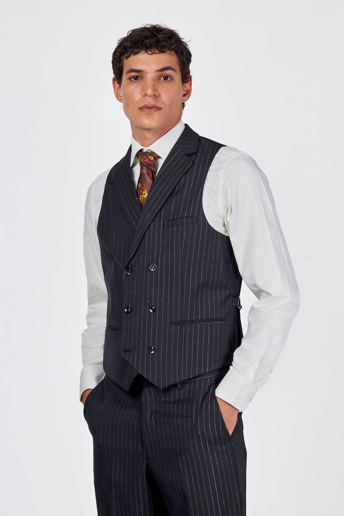 NEIL - Mens Black 3-Piece Suit Fine Gold Pinstripes Tailored Fit