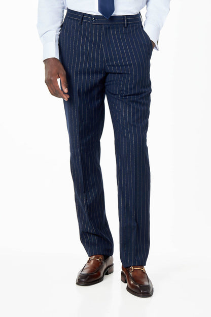 Men's Neil Navy Gold Pinstripe Double Breasted 5-Piece Suit Bundle
