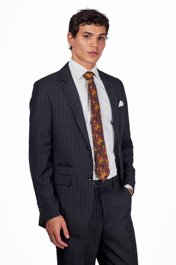 Men's Neil Black Gold Pinstripe Double Breasted 5-Piece Suit Bundle