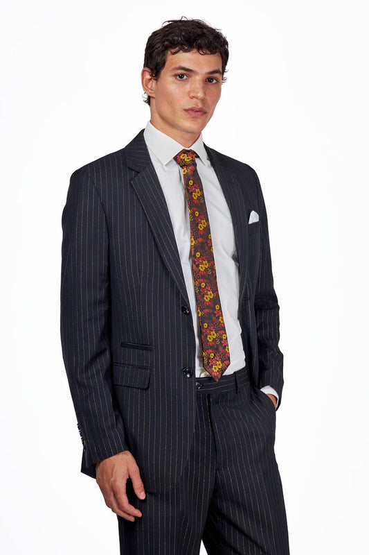 Men's Neil Black Gold Pinstripe Double Breasted 5-Piece Suit Bundle