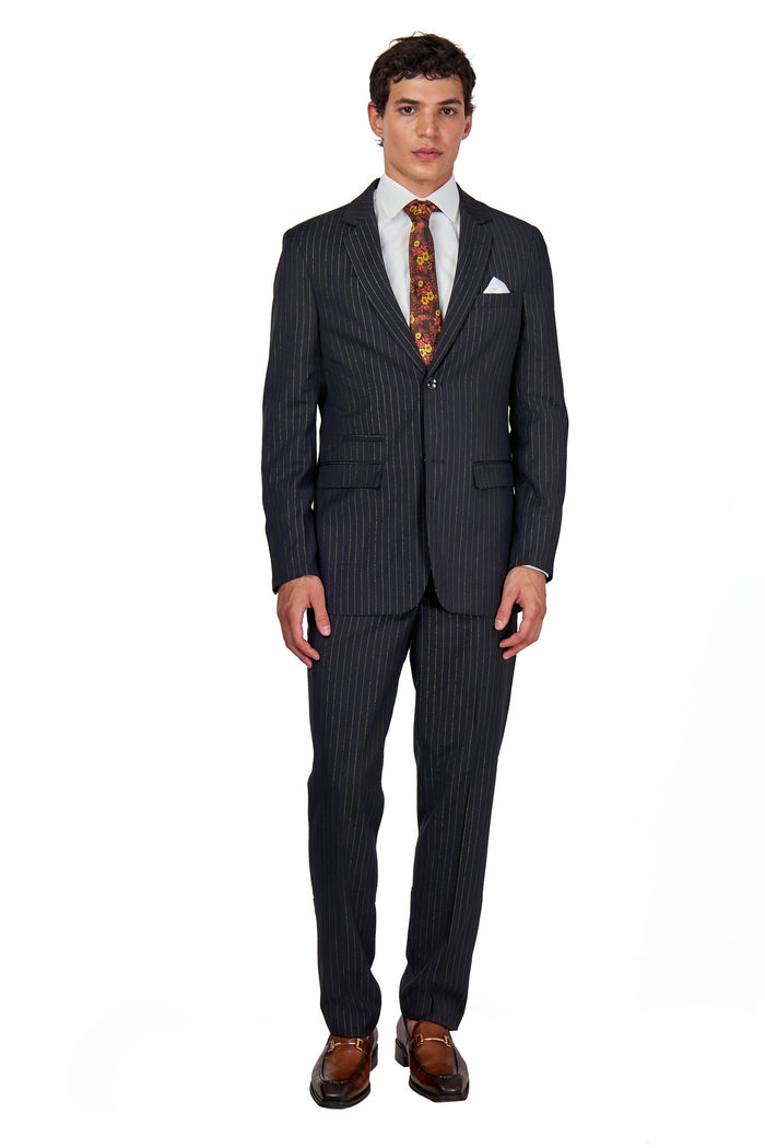 NEIL – Mens Black Two Piece Suit Gold Pinstripe