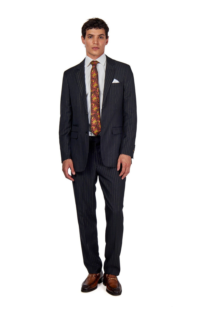 NEIL – Mens Black Two Piece Suit Gold Pinstripe