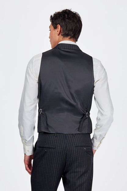 NEIL – Mens Double Breasted Waistcoat Black Gold Pinstripe
