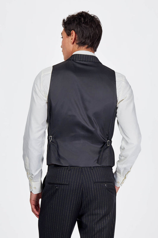 NEIL – Mens Double Breasted Waistcoat Black Gold Pinstripe
