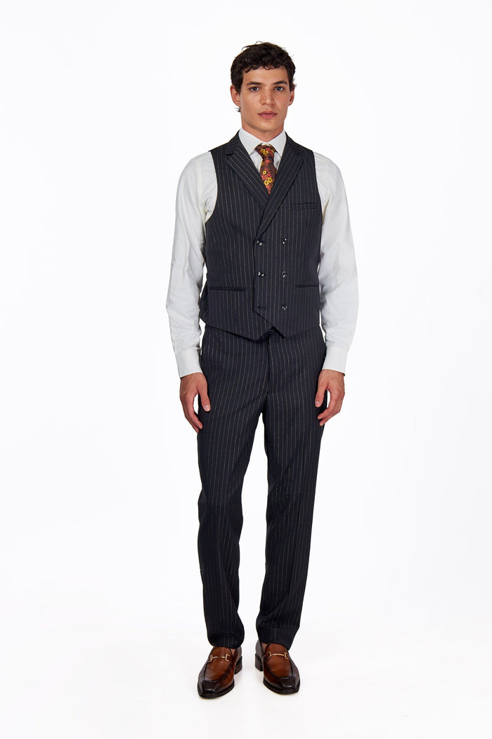 NEIL – Mens Double Breasted Waistcoat Black Gold Pinstripe