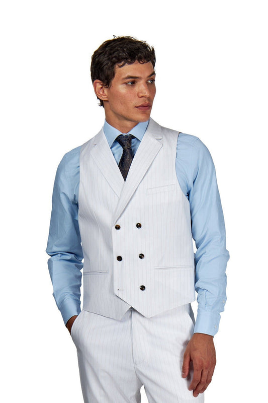 Men's Neil White Gold Pinstripe Double Breasted 5-Piece Suit Bundle