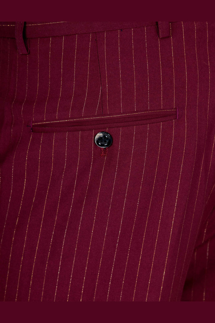 NEIL – Men's Maroon Gold Pinstripe Suit Trousers Tapered Fit