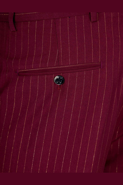 NEIL – Men's Maroon Gold Pinstripe Suit Trousers Tapered Fit
