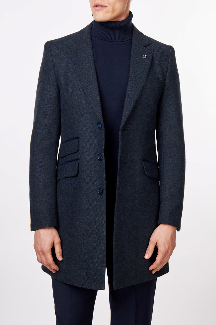 NESTOR – NAVY TWEED WOOL BLEND OVERCOAT