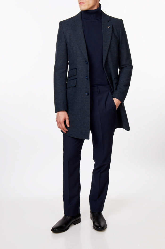 NESTOR – NAVY TWEED WOOL BLEND OVERCOAT