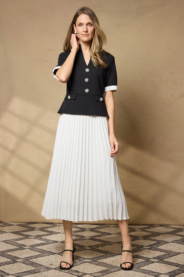 Noelle Pleated Crepe Maxi Dress, Black/White | Ming Wang