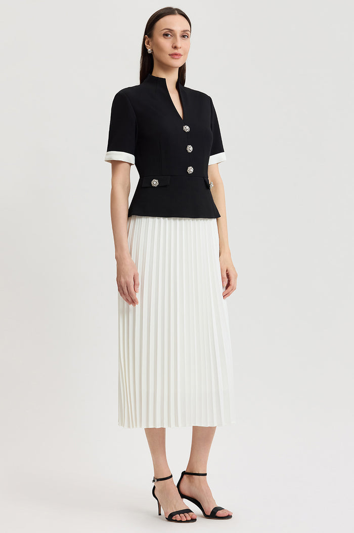 Noelle Pleated Crepe Maxi Dress, Black/White | Ming Wang