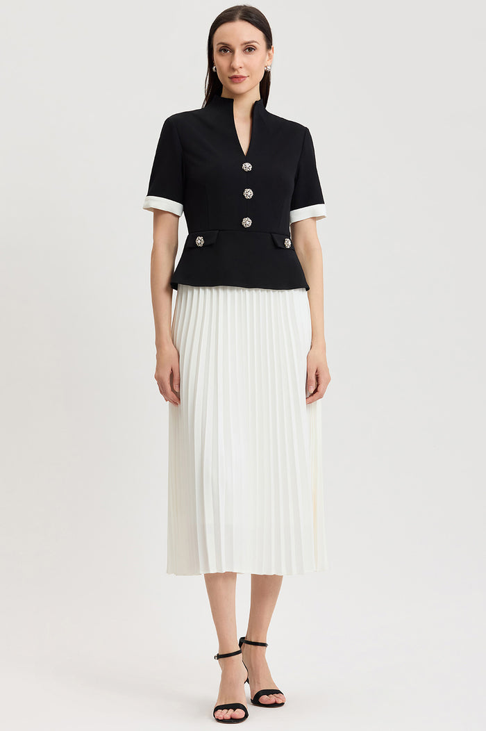 Noelle Pleated Crepe Maxi Dress, Black/White | Ming Wang